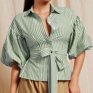 SHEIN Vixey Green and White Striped Puff Sleeve Blouse Size Small